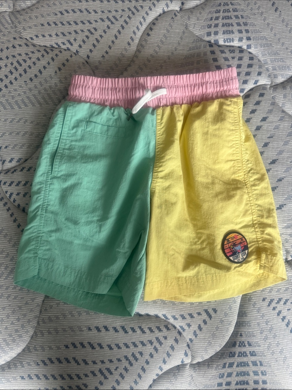 Colorblock Kids Swim Trunks in Mint, Yellow & Pink